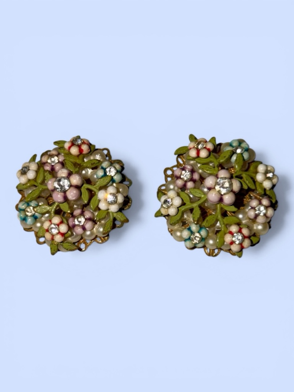VTG‎ Clip-On Earrings Enamel Green Pastels Faux Pearls Rhinestones